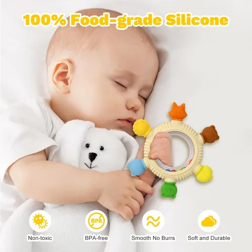 Miniatura 5 de Paquete de 2 juguetes sensoriales para bebés, anillos de dentición para bebés de 0-6, 6 a 12 meses, mordedores de silicona para alivio