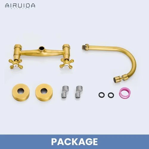 Miniatura 8 de Airuida Grifo de cocina de montaje en pared con rociador, grifo de fregadero de cocina montado en la pared, asas dobles cruzadas, boquilla giratoria