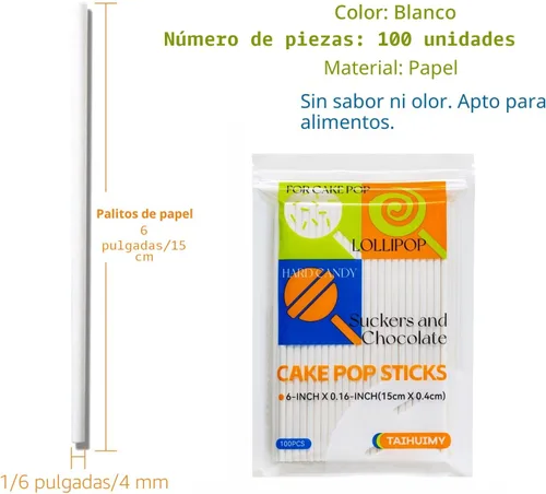 Miniatura 2 de 100 unidades de palos de piruleta de papel blanco de 6 pulgadas, palos para pastel de piruleta, palos de chupete para galletas, caramelo arcoíris