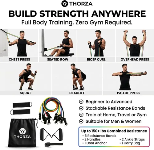 Miniatura 9 de THORZA Juego de 11 piezas de entrenamiento de fuerza de cuerpo completo con bandas de resistencia, bandas de ejercicio de tubo de 5 niveles, sin