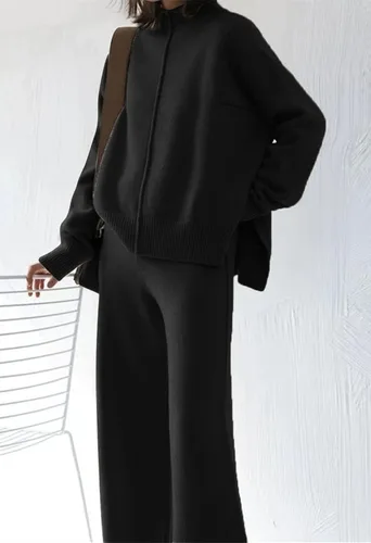 Miniatura 2 de AOHITE Conjunto de 2 piezas para mujer, suéter de punto de manga larga y pantalones de pierna ancha