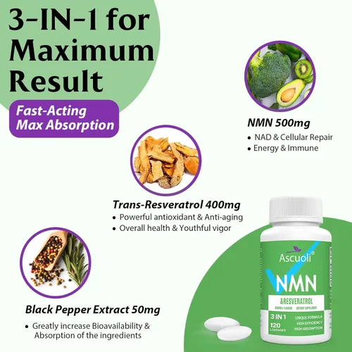 Miniatura 9 de Sublingual NMN 500 mg + Trans-Resveratrol 400 mg, fórmula avanzada 3 en 1 99% puro NMN Resveratrol Suplemento para Boost* NAD, células, inmune