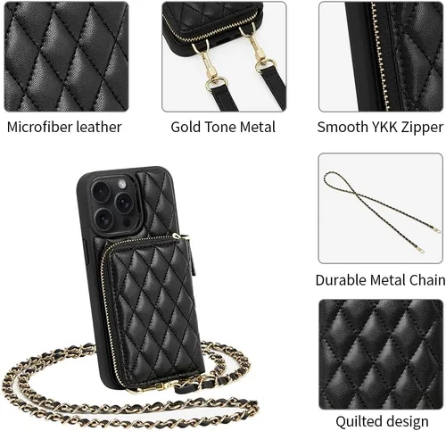 Miniatura 7 de LAMEEKU Funda tipo cartera diseñada para iPhone 14 con tarjetero y cadena cruzada para mujer, funda RFID a prueba de golpes, compatible con iPhone