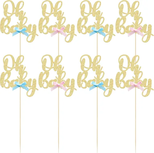 Miniatura 3 de Gyufise 12 piezas de palos centrales Oh Baby de doble cara con arco azul y rosa de purpurina, adornos para cupcakes de baby shower, revelación