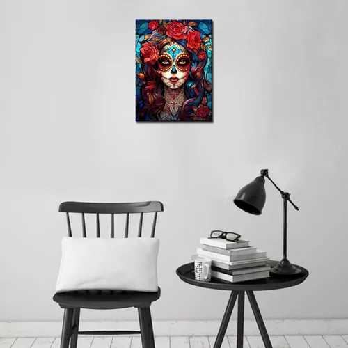 Miniatura 4 de Pintura de diamantes de calavera de azúcar 5D, kit de numeración, arte del día de la muerte, arte de pared de rosa roja, arte de pared con diamantes