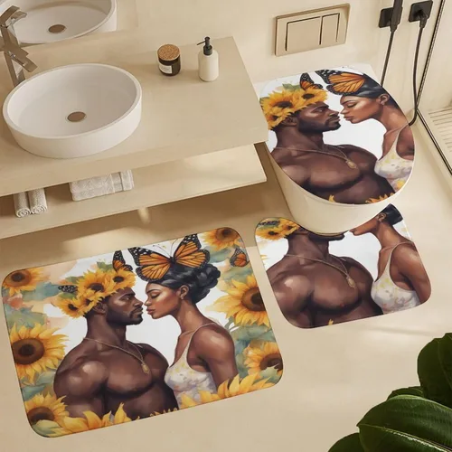 Juego de 3 tapetes de baño de amor romántico para parejas afroamericanas, juego de 3 tapetes de baño para baño, cubierta lavable, decoración para