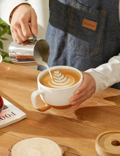 Miniatura 6 de Teocera Juego de 4 tazas de café color beige, taza de café de cerámica de 16 onzas, juego de tazas grandes con asa para bebidas frías o calientes