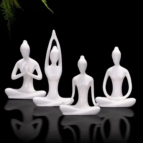 Miniatura 7 de OwMell Lote de 4 Figuras de Cerámica para Meditación y Yoga, Pose de Yoga, Figura Decorativa de Conjunto - Negro