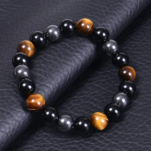 Miniatura 25 de DHQH Triple Protection Bracelet 8/10MM Hematite Black Agate Tigers Eye Stone Bracelet Crystal Jewelry Healing Bead Bracelets for Men Bring Luck