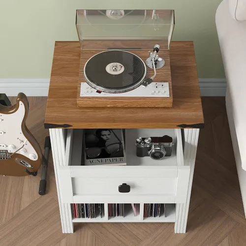 Miniatura 4 de Soporte para tocadiscos con almacenamiento de discos de vinilo, soporte para tocadiscos con estación de carga, soporte de madera para discos