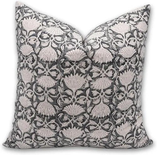 Miniatura 10 de Funda de cojín elegante de lino blanco roto con estampado de bloque a mano, 14 x 14 pulgadas, con cremallera invisible para sofá, cama, sala de Negro