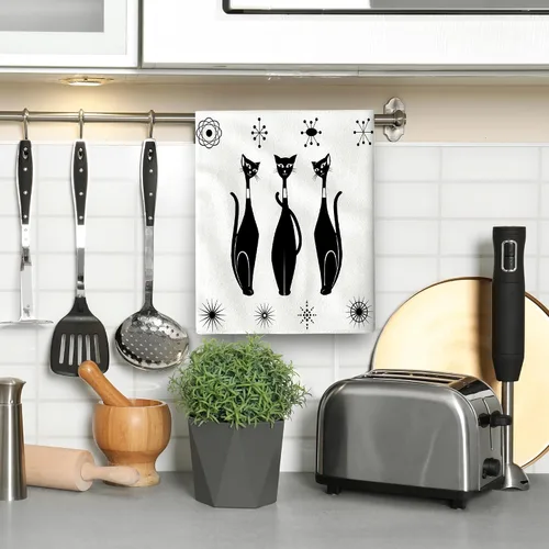 Miniatura 4 de Juego de paños de cocina decorativos estilo Mid Century Modern, lindos paños de cocina absorbentes con gato negro, paños de cocina, paños de mano