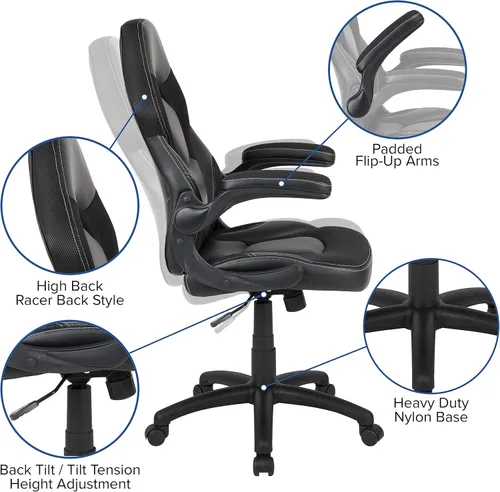 Miniatura 4 de Flash Furniture X10 LeatherSoft - Silla de juegos con respaldo alto estilo carreras con brazos abatibles, silla giratoria ergonómica acolchada