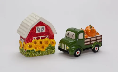 Juego de salero y pimentero de cerámica fina de cosecha de Acción de Gracias, camión de calabaza y girasoles, 3.5 pulgadas de largo
