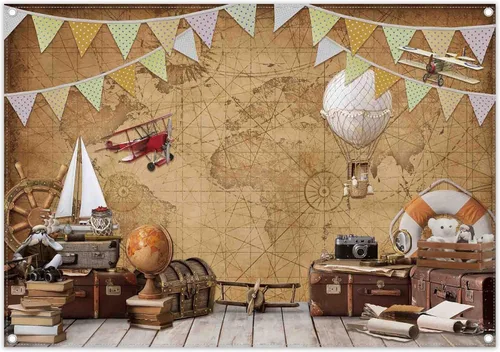 Cartel fotográfico de tela de 7 x 5 pies, diseño de mapa del mundo, aventuras, avión, globo aerostático, fondo vintage, decoración de fiesta para