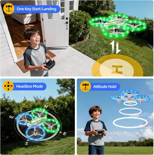 Miniatura 7 de Mini dron para niños principiantes, RC Quadcopter Drone con luz colorida, arranque de una tecla, retención de altitud, modo sin cabeza, giros 3D
