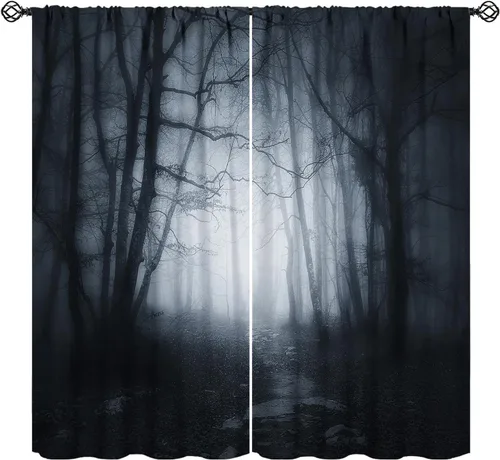 Miniatura 17 de Cortinas de bosque espeluznante, arañas góticas de bosque con niebla, árboles muertos, telarañas de telarañas de Halloween, estilo de fiesta