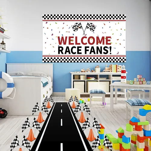 Miniatura 6 de Remagr 26 piezas de decoración de fiesta de autos de carreras, incluye 1 telón de fondo de bienvenida para fanáticos, 8 mini conos de seguridad