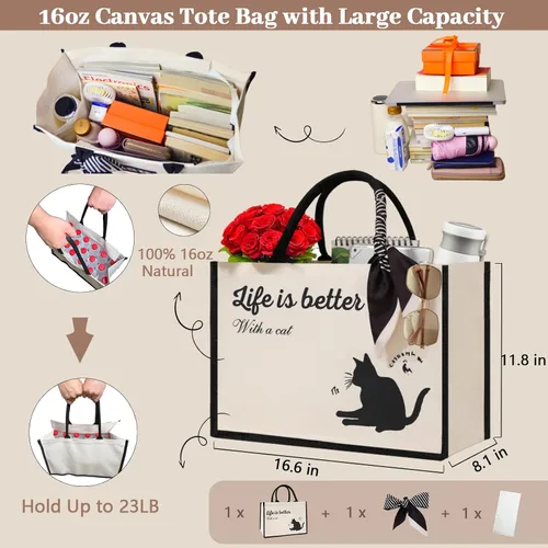 Miniatura 3 de Cute Tote Bags, 16Oz, 3 Pockets, Cat Large Canvas Tote Bags for Women, Anti-Scratch Lining Large Tote Bag with Zipper