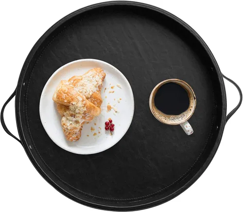 Miniatura 8 de HofferRuffer - Bandeja redonda de piel sintética con asas, bandeja de tocador decorativa para café, bandeja otomana de piel sintética para el hogar