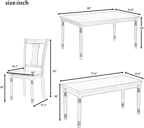 Miniatura 4 de LUMISOL Juego de mesa de comedor de 6 piezas con banco, juego de mesa de cocina rectangular de granja para comedor, mesa de comedor y juego de 4