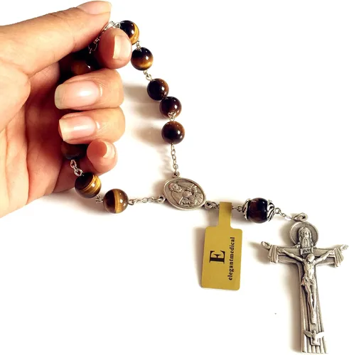 Miniatura 2 de elegantmedical 10MM Tiger Eye Beads Oración Católica una década rosario pulsera cruz Regalo y caja rosario coche, Plata de ley
