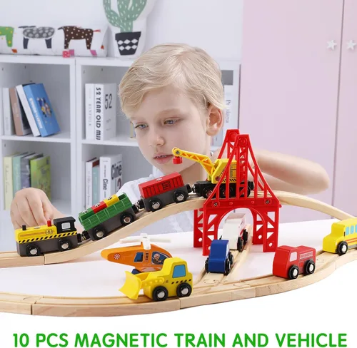 Miniatura 7 de Juego de 100 pistas de tren de madera, tren de juguete con pistas para niños de 3 a 10 años, compatible con las principales marcas, juego
