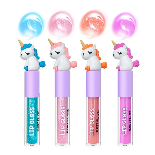Miniatura 6 de M&U MAKE YOU UP 4 unidades de brillo de labios de unicornio para niñas, juego de labios brillantes para recuerdos de fiesta con decoración mágica