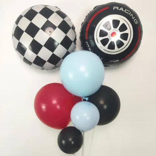 Miniatura 5 de Kit de arco de guirnalda de globos de auto de carreras, 128 piezas, globos rojos, azules, negros, negros, fondo de borla a cuadros y globo