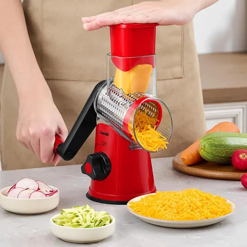 Miniatura 8 de Geedel Rallador giratorio de queso, cortador de verduras de mandolina de cocina con 3 cuchillas intercambiables, rallador fácil de limpiar para Rojo