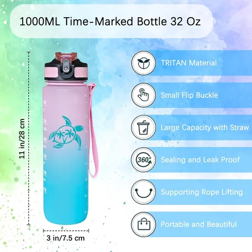 Miniatura 2 de Sea Turtle - Botella de agua con pajilla, a prueba de fugas, correa de transporte, sin BPA, botella de agua deportiva motivacional de 32 onzas