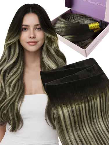 Fshine Extensiones de cabello humano atadas a mano Genius Weft 50g 16 pulgadas Extensiones de cabello humano Genius Weft balayage, color castaño