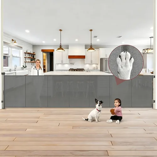Miniatura 17 de Puertas retráctiles extra altas reforzadas de 41 pulgadas para bebés, puerta retráctil extra ancha de 120 pulgadas con varillas de apoyo, puerta