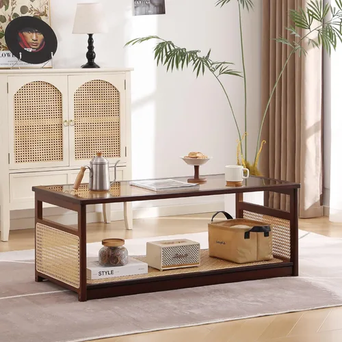 Miniatura 8 de Welnow Mesas de centro de ratán para sala de estar, moderna mesa de centro de 2 niveles, mesa de centro rectangular de mediados de siglo con estante