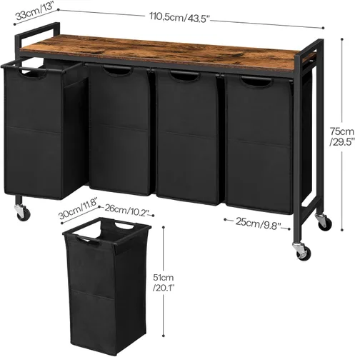 Miniatura 3 de HOOBRO Clasificador de Ropa 4 Secciones, Cesta de Lavandería con Ruedas, 4 × 10.5 Gal (40 L), Cesta de Lavandería con Ruedas, Bolsas de Tela Oxford