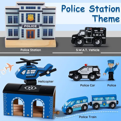 Miniatura 3 de SainSmart Jr. Juego de tren de madera – Juego interactivo de policía para niños Juguete de construcción con tren, figuras y accesorios