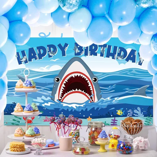 Miniatura 5 de Tatuo Cartel de fondo de cumpleaños de tiburón, decoraciones de cumpleaños de tiburón, fondo de fotografía de zona para niños y niñas, suministros