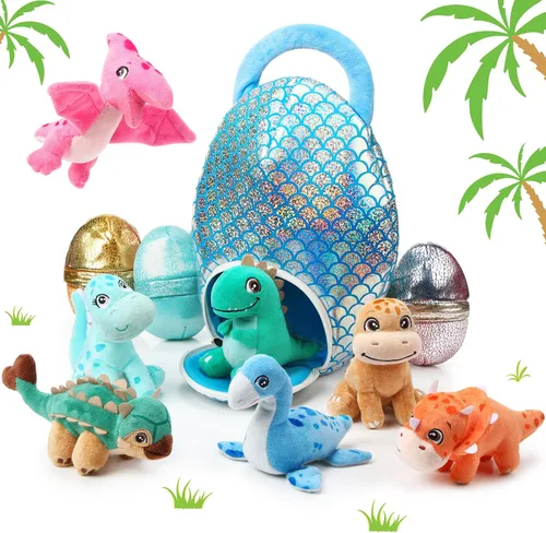 Zhanmai Juego de 11 Piezas de Animales de Peluche de Dinosaurio de Pascua Pequeños Juguetes de Peluche de Dino y Conjunto de Bolsa de Huevo Lindos