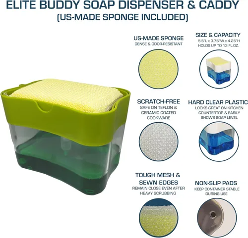 Miniatura 3 de Elite Buddy Dispensador de jabón para platos y organizador de esponjas (verde hierba) con almohadilla de limpieza multiusos Elite 3