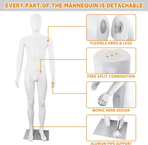 Miniatura 3 de Maniquí masculino de cuerpo completo, modelo ajustable de 73 pulgadas, sin cara, de plástico desmontable, soporte de maniquí con base de metal