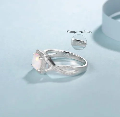Miniatura 4 de FANCIME Anillos de ópalo creados con piedra natal de octubre, plata de ley, 4 puntas, halo de ópalo de fuego blanco, circonita cúbica, anillo