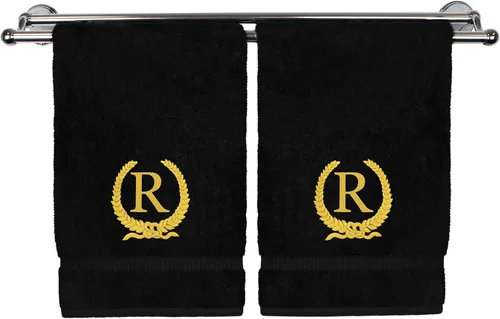 Miniatura 64 de Toalla de mano con monograma, regalo personalizado, 16 x 30 pulgadas, diseño de corona dorada bordada con letra blanca en toalla negra, extra