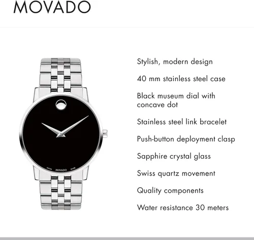 Miniatura 2 de Movado Men's Museum Stainless Steel Watch with Concave Dot Museum Dial, SilverBlack (Model 607199)