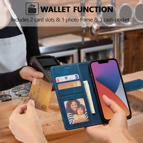 Miniatura 2 de QLTYPRI Funda para iPhone 13, funda de piel sintética con cierre magnético, soporte para tarjetas, función atril, a prueba de golpes, funda Azul