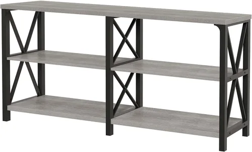 Miniatura 8 de LVB Mesa de Entrada Industrial, Mesa Consola Rústica de Granja Detrás del Sofá, Mesa Larga de Sofá de Madera y Metal con Estante de Almacenamiento