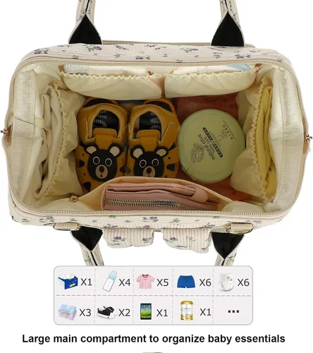 Miniatura 5 de Mochila de ante para pañales para bebés, niñas y niños, grandes bolsas de pañales para mamá (Corderoy beige floral púrpura)