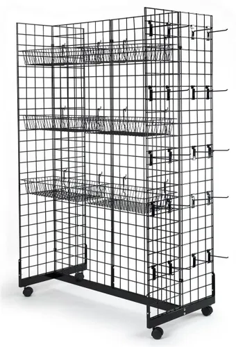 Miniatura 3 de Only Hangers Panel de exhibición de rejilla Gridwall con base de góndola - Unidad de góndola de rejilla negra con ruedas