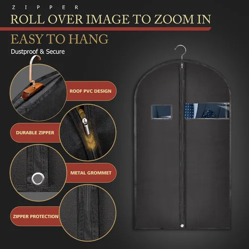 Miniatura 2 de Hleelomi Paquete de 5 bolsas de traje de 40 pulgadas para viajes y almacenamiento, bolsas de ropa para colgar ropa con cremallera y ventana Negro