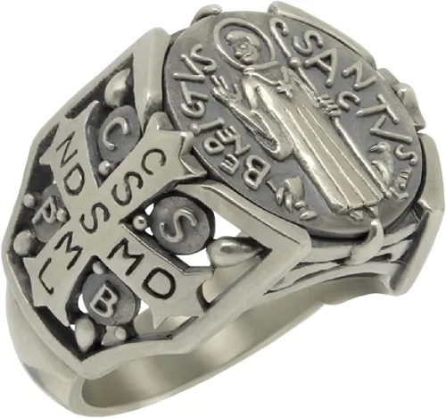 Miniatura 9 de St Benedict christian catholic ancient Sterling Silver 925 medal mens ring, Exorcism