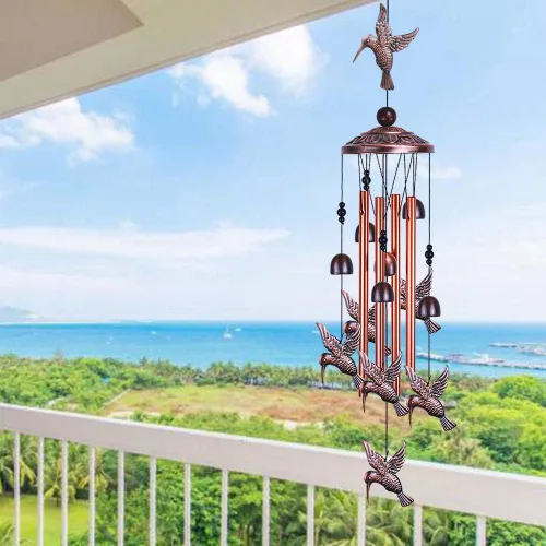 Miniatura 5 de Campanillas de viento de colibrí para jardín, decoración al aire libre, con 4 tubos, 6 campanas, 7 colibríes, captador de viento romántico